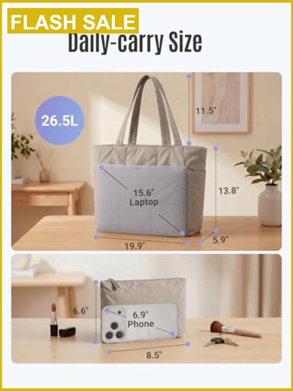 Puffy Tote Bag Set with Laptop Compartment, Lightweight Travel Handbags Set of 2 - Picture 4 of 7